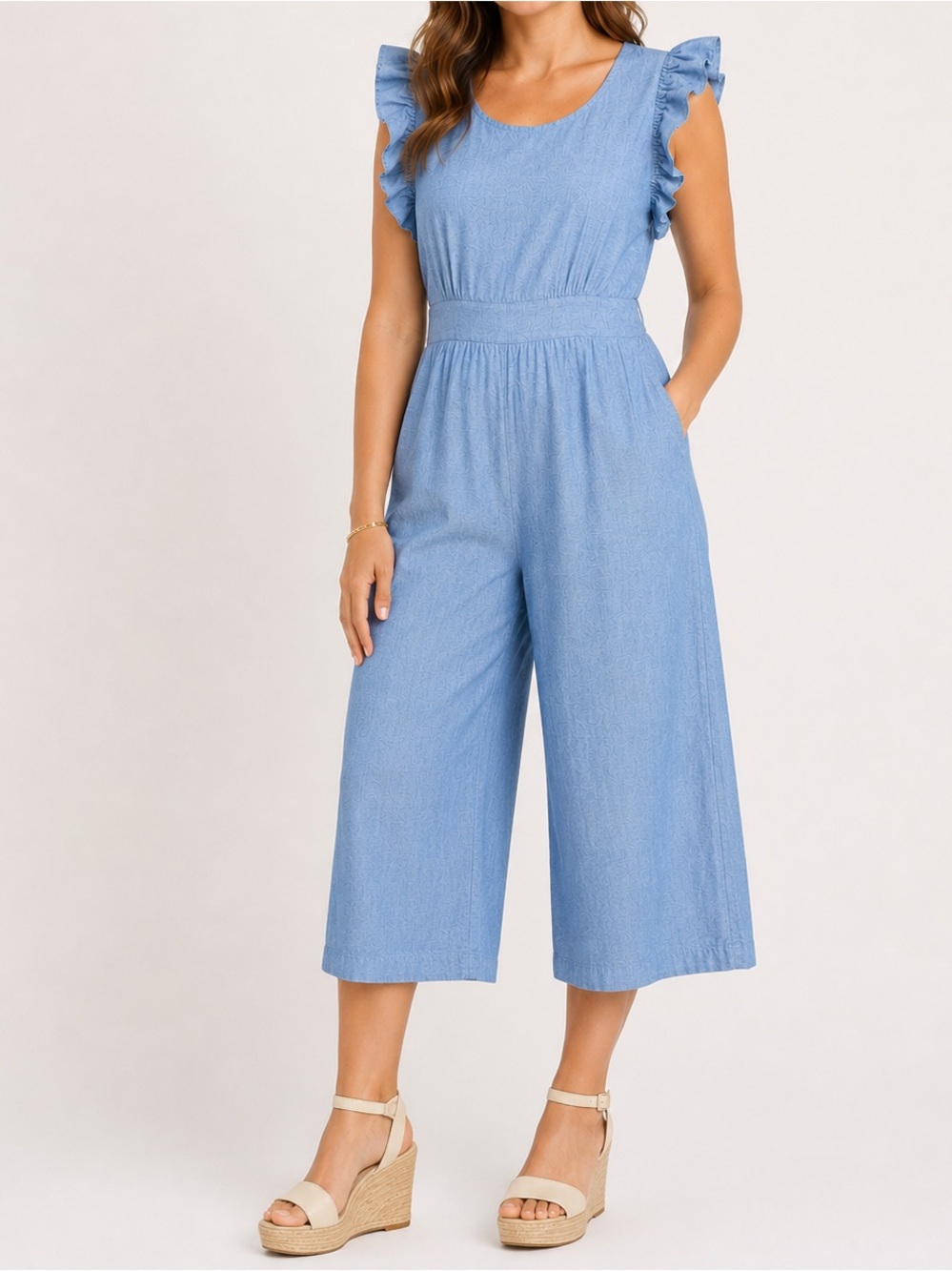 1901 Blue Chambray Ruffle Sleeve Wide Leg Jumpsuit Size 14